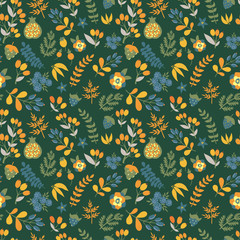 Vector seamless pattern with different florar elements on the dark green background