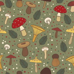 Vector seamless pattern with different mushrooms and leaves on the green background. Hand drawing forest background.