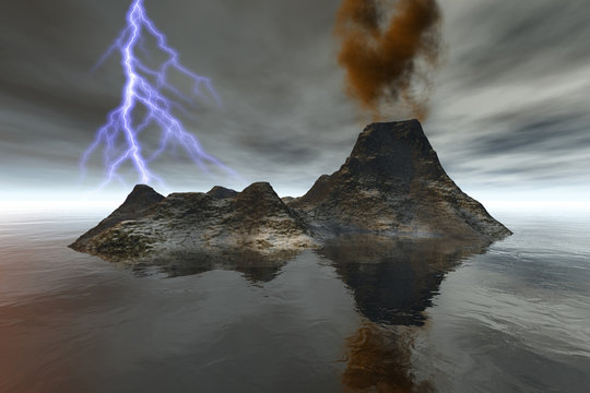 Island, a volcanic landscape, smoke on the crater, reflection in the sea and lightning in the sky.