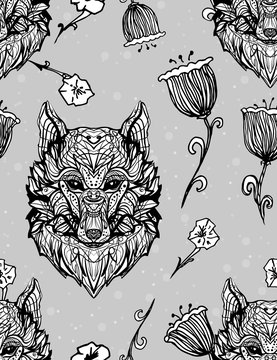 Wolf Vintage style gothic seamless pattern. Character tattoo design artwork for print sketchbook cover, fabric textiles. Isolated vector illustration. Floral animal cover, summer t-shirt, sticker. 