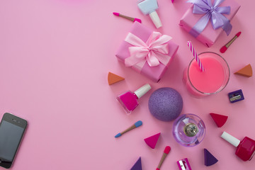 The composition of a Set of Women's accessories, cosmetic items gift cocktail.