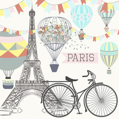 Naklejki  Plakat modowy z wieżą Eifel, rowerem i balonami
