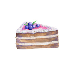 Cake piece watercolor flour food gouache clip art drawing illustration cottage cheese coffe deseret blueberries geometric pink pastry tasty pie sugar glaze on white background