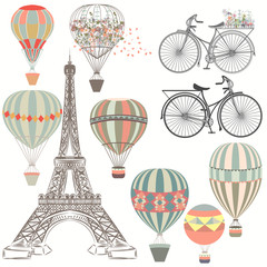 Retro vector collection of air balloons, bicycles and Eifel tower © Mary fleur