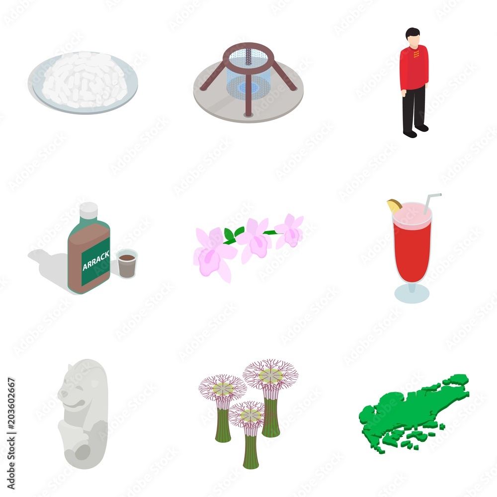 Poster foreign place icons set. isometric set of 9 foreign place vector icons for web isolated on white bac