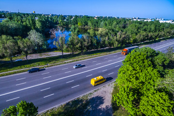 red truck on the road. drone photography. Aerial view