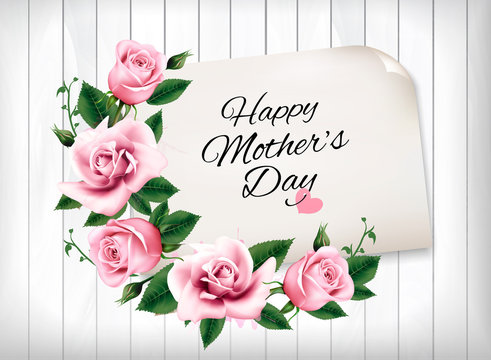 Mother's Day background with a pink roses and wooden sign. Vector.