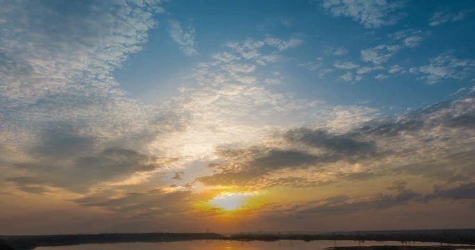 sunset beautiful summer landscape with cloudy sky and natural lake, time-lapses