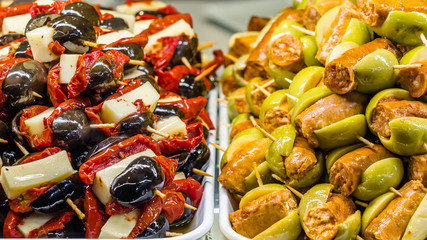 Typical Spanish olive tapas in a bar