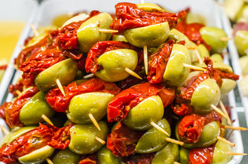 Typical Spanish olive tapas in a bar