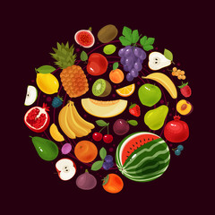 Berries and fruits. Natural food concept. Vector illustration