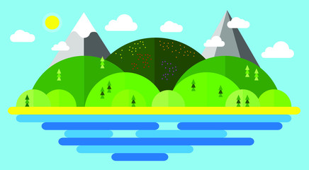 Summer vector illustration, modern flat design conceptual landscapes with sea, beach, hills and mountains.