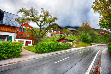 Fototapeta na wymiar Beautiful houses in Brauhof village on the lake Grundlsee.
