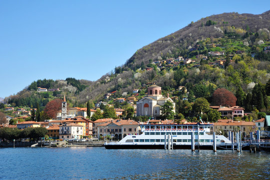 Laveno Mombello, Italy - April 18, 2018: Laveno Mombello, located in an natural gulf of Lake Maggiore in province of Varese, Italy.