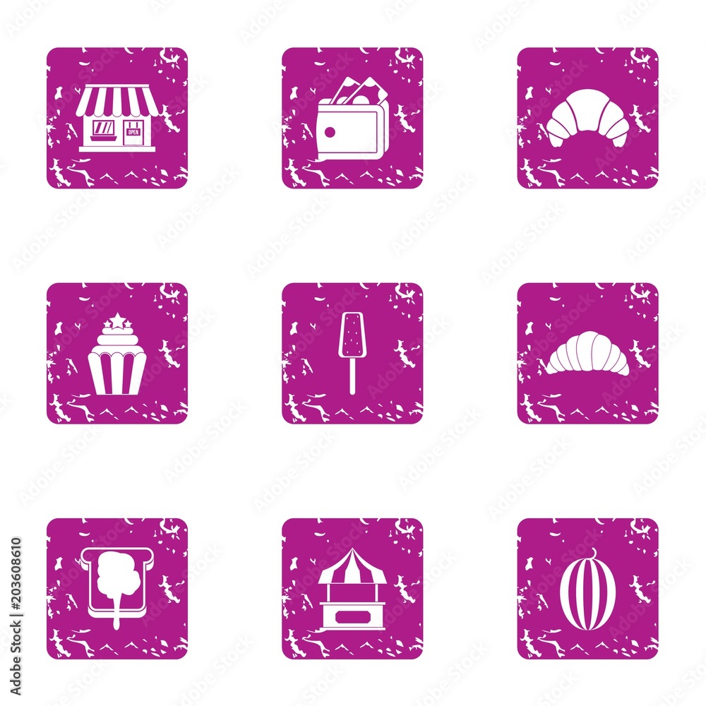 Poster dessert store icons set. grunge set of 9 dessert store vector icons for web isolated on white backgr