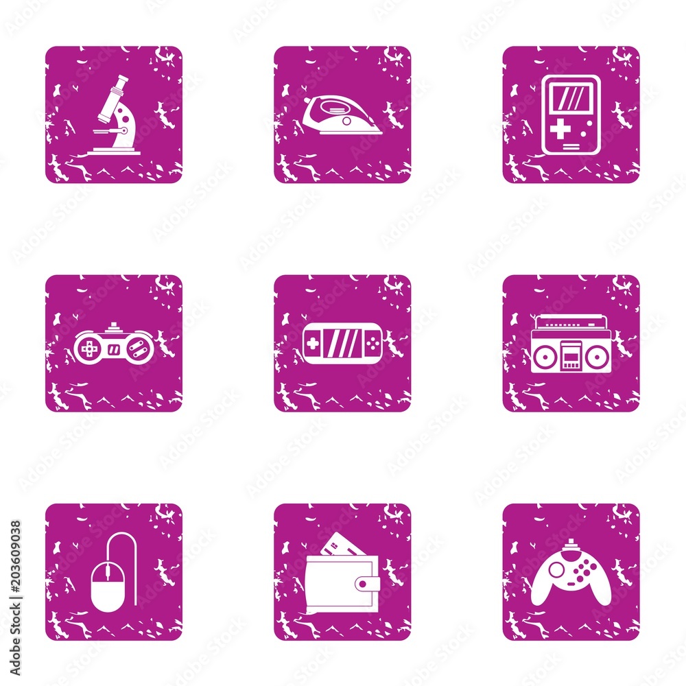 Poster game technology icons set. grunge set of 9 game technology vector icons for web isolated on white ba