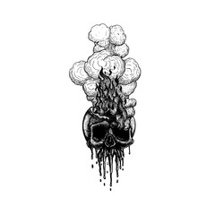 Skull on Fire with Flames and smoke Vector Illustration. hand draw image trace. line art tattoo design. dot work. hot and scary from inside. for pain feeling.