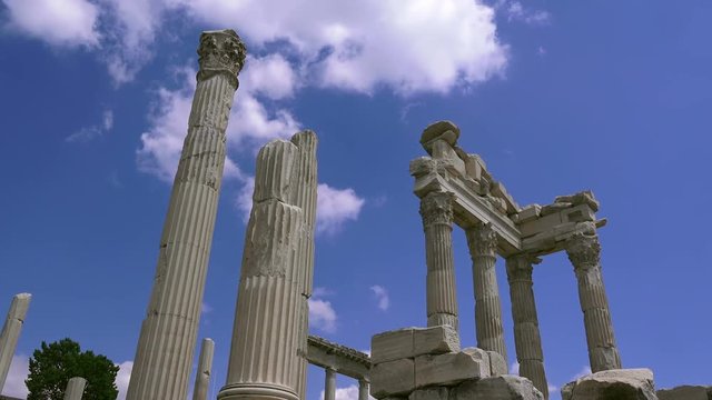 Pergamon, the ruins of the ancient temple of Trajan against the blue sky with white clouds, Turkey, Full HD video, 1080p