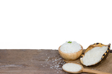 grains cooking of Thai jasmine rice or white rice in bowl on wooden Background