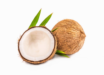 Fototapeta na wymiar Coconut with half and leaves isolated on white background.