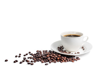 coffee cup and beans isolated on white background