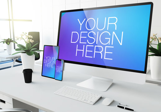 Desktop Computer, Tablet and Smartphone on Desk Mockup