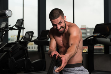 Fototapeta na wymiar Fitness Battling Ropes At Gym Workout Fitness Exercise