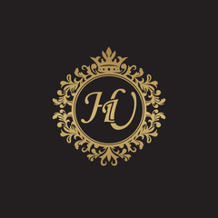 Fototapeta na wymiar Initial letter HU, overlapping monogram logo, decorative ornament badge, elegant luxury golden color