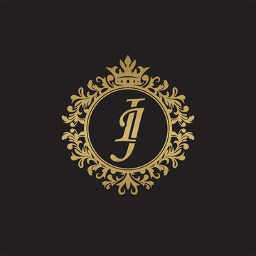 Initial letter IJ, overlapping monogram logo, decorative ornament badge, elegant luxury golden color