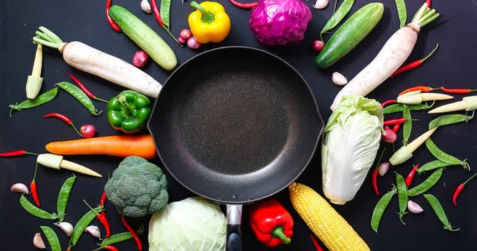 Stop motion top view a vegetables on wood table ,for copy space , 4K video