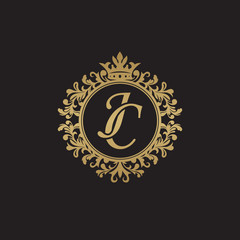 Initial letter JC, overlapping monogram logo, decorative ornament badge, elegant luxury golden color