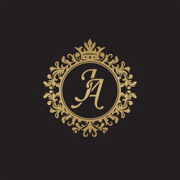 Initial letter JA, overlapping monogram logo, decorative ornament badge, elegant luxury golden color