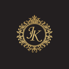 Initial letter JK, overlapping monogram logo, decorative ornament badge, elegant luxury golden color