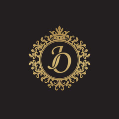 Initial letter JO, overlapping monogram logo, decorative ornament badge, elegant luxury golden color