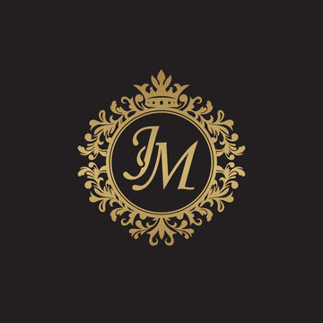 Initial letter JM, overlapping monogram logo, decorative ornament badge, elegant luxury golden color