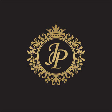 Initial letter JP, overlapping monogram logo, decorative ornament badge, elegant luxury golden color
