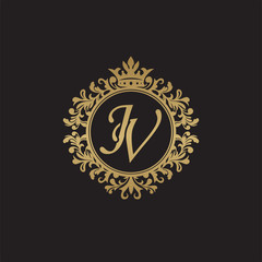 Initial letter JV, overlapping monogram logo, decorative ornament badge, elegant luxury golden color