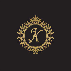 Initial letter JX, overlapping monogram logo, decorative ornament badge, elegant luxury golden color