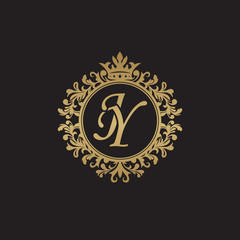 Initial letter JY, overlapping monogram logo, decorative ornament badge, elegant luxury golden color