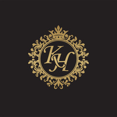 Initial letter KH, overlapping monogram logo, decorative ornament badge, elegant luxury golden color