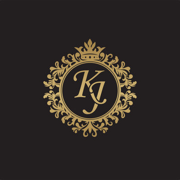 Initial letter KJ, overlapping monogram logo, decorative ornament badge, elegant luxury golden color