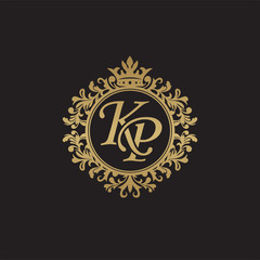 Initial letter KP, overlapping monogram logo, decorative ornament badge, elegant luxury golden color