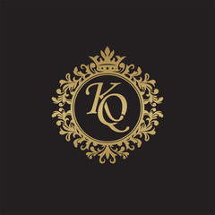 Initial letter KQ, overlapping monogram logo, decorative ornament badge, elegant luxury golden color