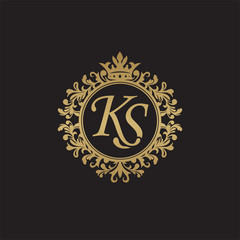 Initial letter KS, overlapping monogram logo, decorative ornament badge, elegant luxury golden color