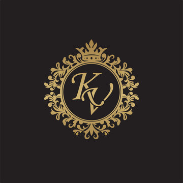 Initial letter KV, overlapping monogram logo, decorative ornament badge, elegant luxury golden color