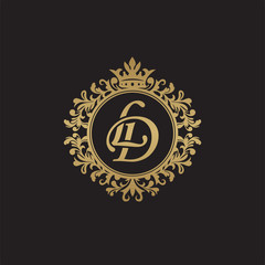 Initial letter LD, overlapping monogram logo, decorative ornament badge, elegant luxury golden color