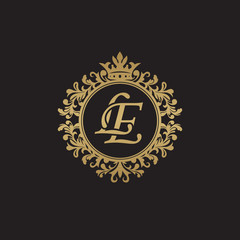 Initial letter LE, overlapping monogram logo, decorative ornament badge, elegant luxury golden color