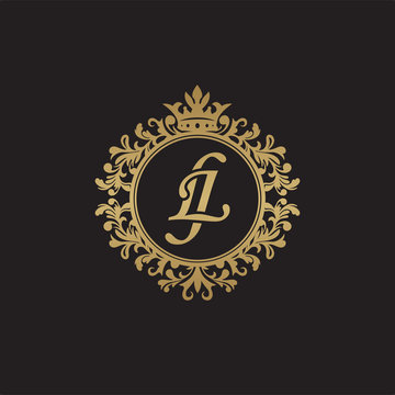 Initial letter LJ, overlapping monogram logo, decorative ornament badge, elegant luxury golden color