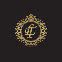 Initial letter LT, overlapping monogram logo, decorative ornament badge, elegant luxury golden color