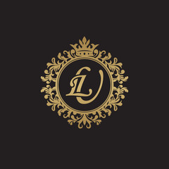 Initial letter LU, overlapping monogram logo, decorative ornament badge, elegant luxury golden color
